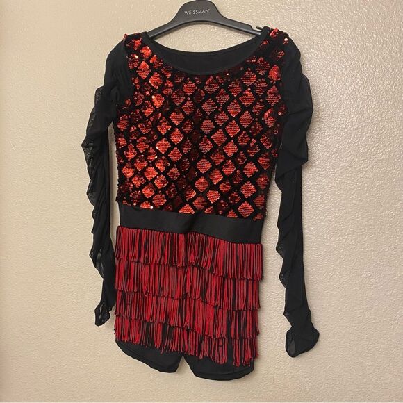 Weissman Dance costume leotard red sequin flapper fringe 11475 LC-large child - Picture 2 of 10